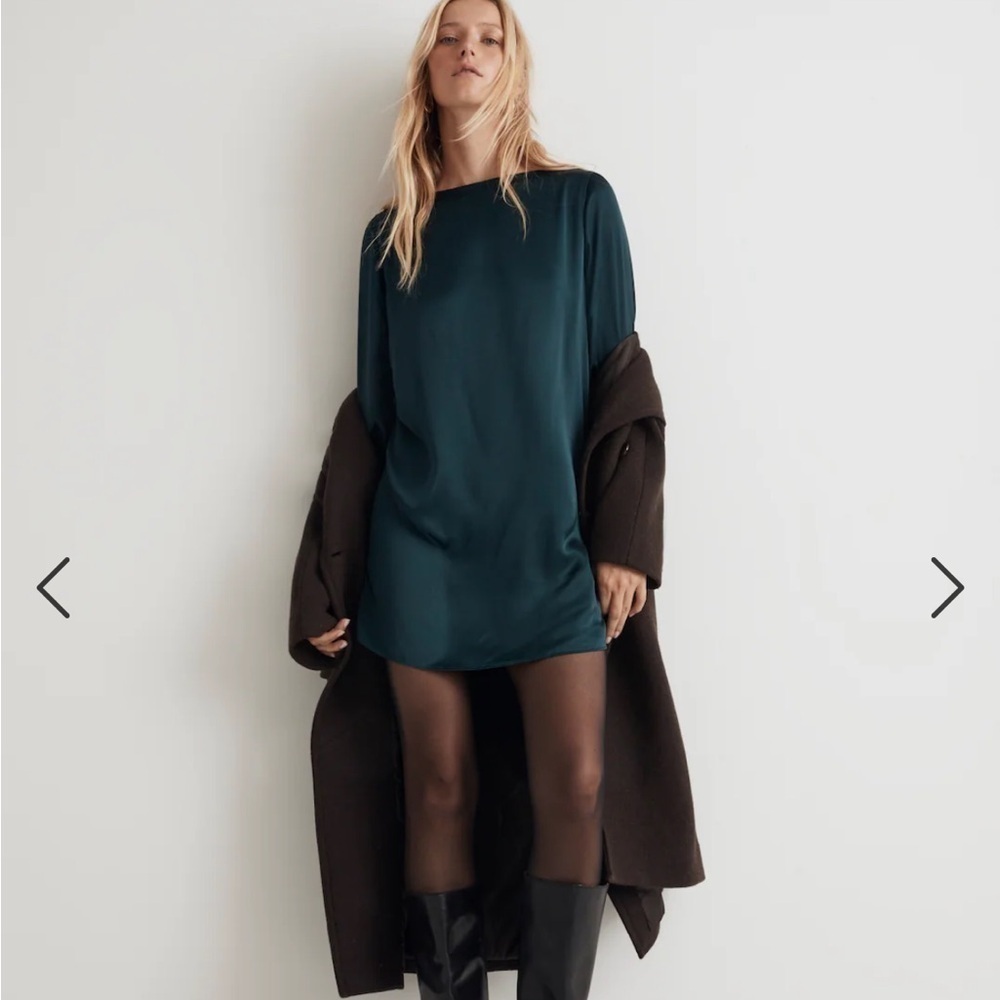 Madewell Satin Shift Bell Sleeve Mini Dress Smoky Spruce Green XS NWT - Picture 2 of 11